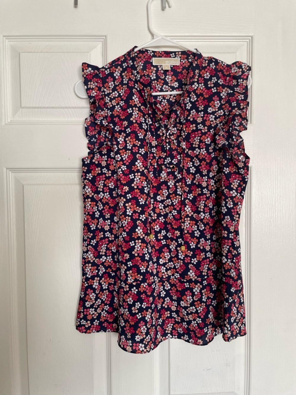 Michael Kors Navy with Pink Floral Ruffle-Sleeve Tie-Neck Short Sleeve Blouse
